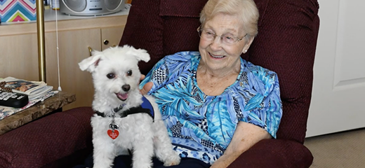 Elderly woman plays with mechanical dog