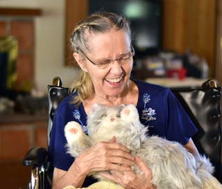 Female dementia patient playing with mechanical cat